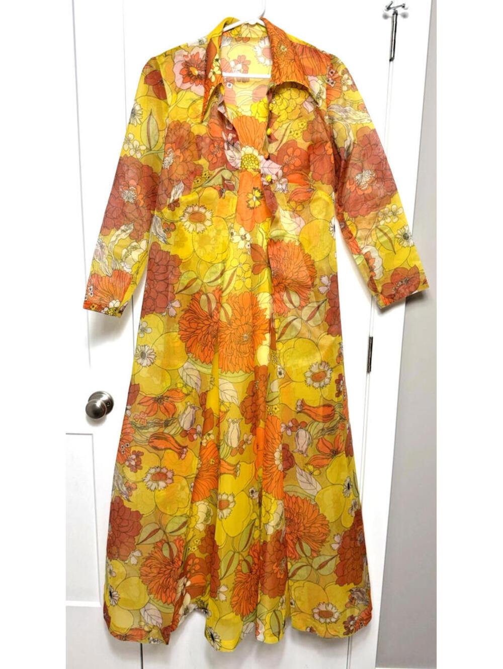 Vtg 60'S Groovy Orange Yellow Sheer Floral Maxi Dress Stiff Chiffon Long Jacket